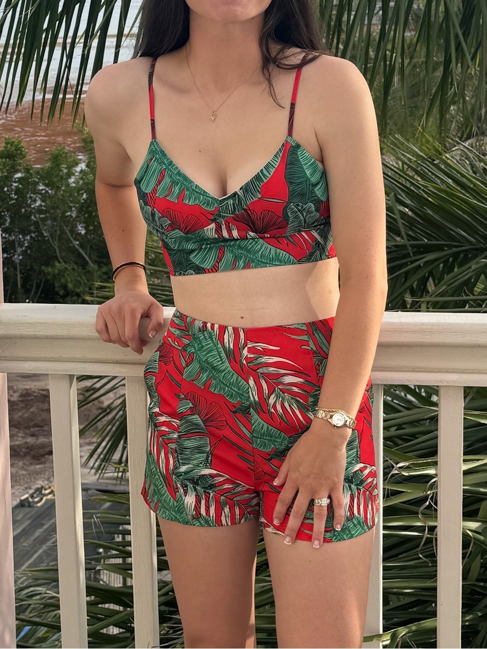 Tropical Red Leaf Print Two-Piece Set